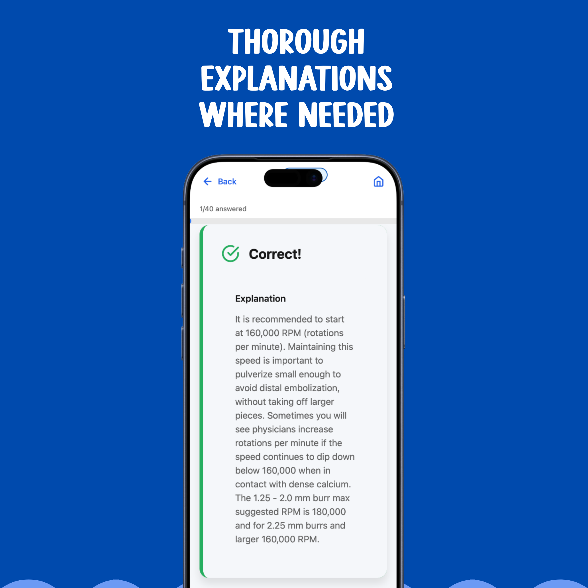 Phone screen showing an educational app with text on a blue background